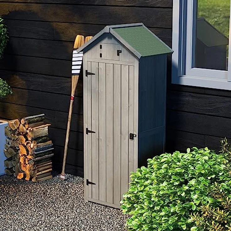 Outsunny Gartenschrank Gartenhaus Gerätehaus Geräteschuppen mit Fachböden Asphaltdach Fenster Holz Grau+Grün 77 x 54,2 x 179 cm – Bild 2