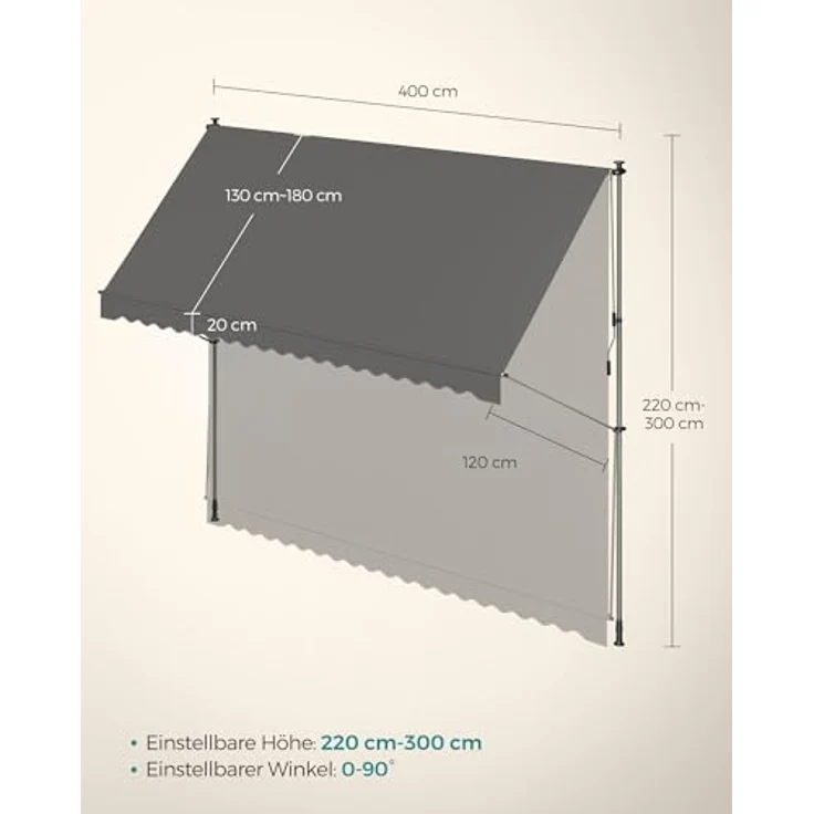 SONGMICS Klemmmarkise, höhenverstellbar, mit Handkurbel, Sonnenschutz, 400 x 120 cm, anthrazit – Bild 5