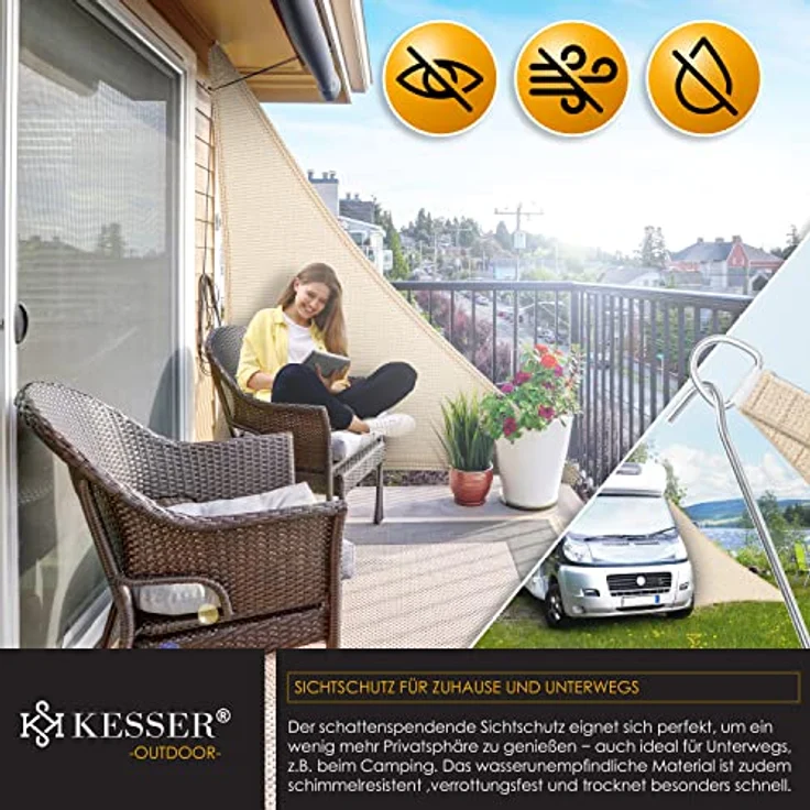 KESSER Sonnensegel Sonnenschutz Windschutz HDPE Gewebe wasserabweisend & windabweisend Dreieck 5-Fach quer vernäht robust & stabil Schattenspender Garten Balkon Terrasse Dreieck, Creme, 5x5x5m – Bild 5