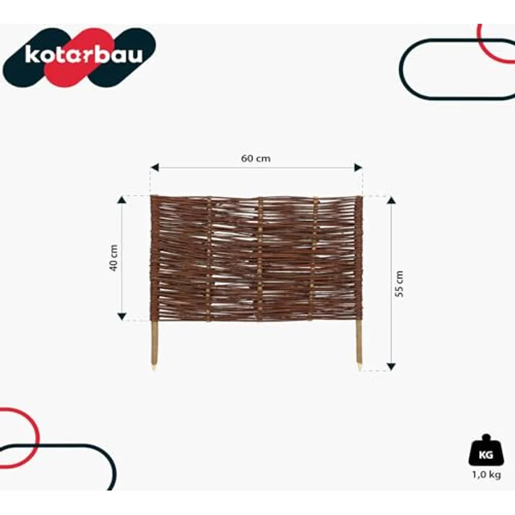 KOTARBAU® Weidenzaun Beetbegrenzung 60 x 40 cm, natürliche Holzpalisade zur Beeteinfassung in Braun, wetterfest und stabil für Garten und öffentliche Bereiche – Bild 3