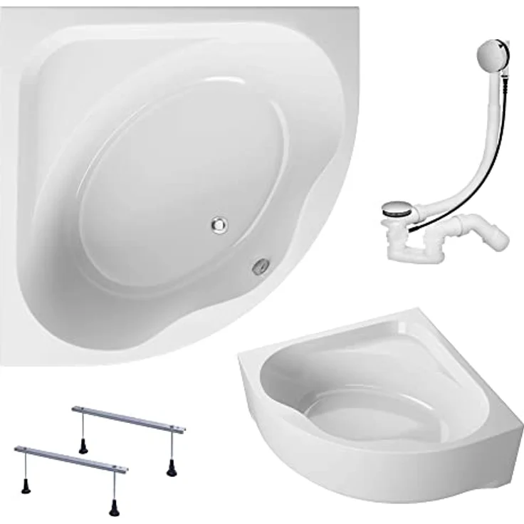 KOLMAN STANDARD Eckbadewanne 150x150 cm, 4in1 Komplettset mit Acrylschürze, automatischem Ablauf und Füßen, reinweiß – Bild 1