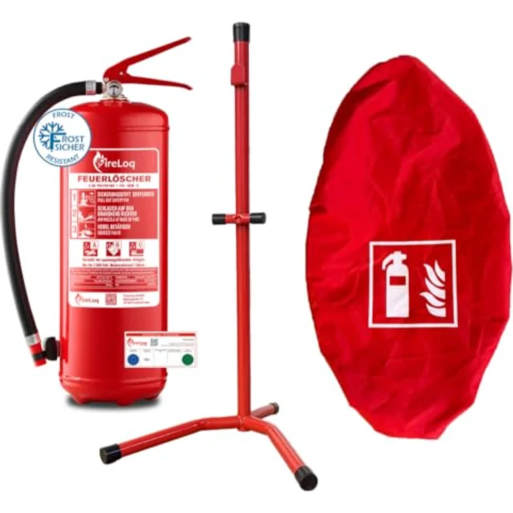 FireLoq® 6kg Pulver Feuerlöscher, inklusive Ständer und roter Schutzhaube mit Prüfnachweis – Bild 1