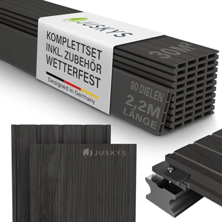 Juskys WPC-Terrassendielen, 30 m², witterungsbeständig, grau, raue Oberfläche, bis 330 kg/m² belastbar – Bild 1