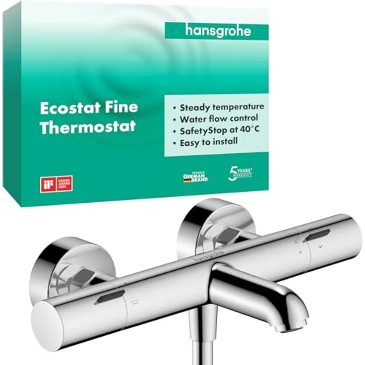 hansgrohe Ecostat Fine Wannenthermostat, Aufputz, 2 Verbraucher, Ausladung 177 mm, mit Sicherheitsstopp bei 40 °C und QuickClean Funktion – Bild 1