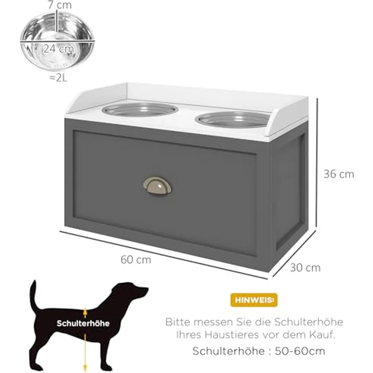 PawHut Hundenapf, 2 x 2L Futternapf, erhöhter Fressnapf mit Schublade, Edelstahlnapf, Futterstation für große Hunde, Grau – Bild 5
