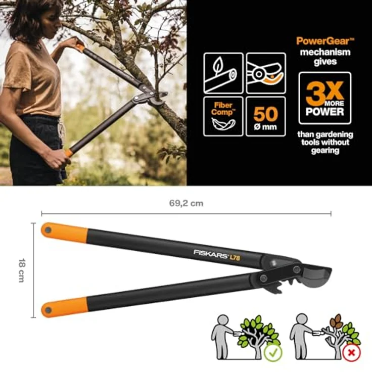 Fiskars PowerGear II Bypass-Getriebeastschere für frisches Holz, Antihaftbeschichtet, Gehärteter Präzisionsstahl, Länge 70 cm, Schwarz-Orange, L78, 1000584 – Bild 3