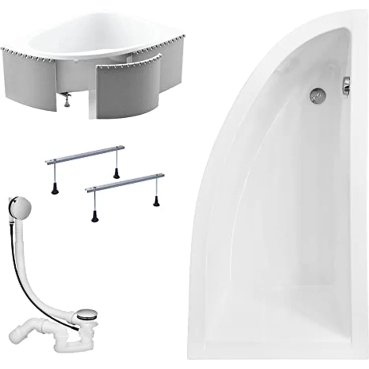 KOLMAN PRAKTIKA Eckbadewanne 140x70 cm rechts, 4in1 Komplettset mit Styroporverkleidung, Ablaufgarnitur, Füßen, reinweiß, Premium Acryl Wanne mit Siphon – Bild 1