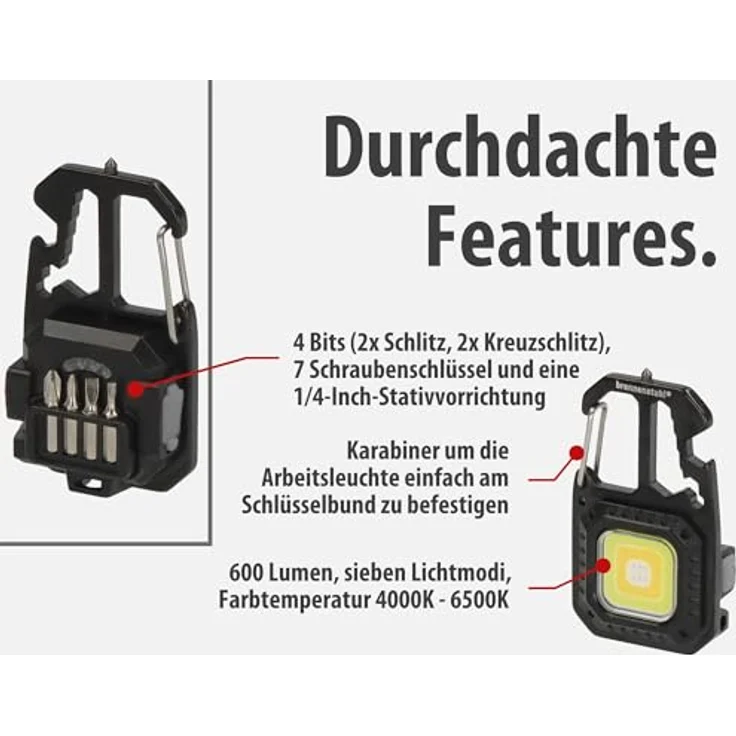 Brennenstuhl Mini LED Taschenlampe MTL 600 A, Akku Werkstattlampe mit 600lm, 7 Lichtmodi, Schlüsselanhänger, Flaschenöffner und Notfallwerkzeugen – Bild 4