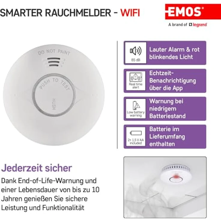 EMOS GoSmart - Smart Home Rauchmelder mit Zigbee - 85dB Alarm, rot blinkendes Licht, kabellos - für Küche, Wohnzimmer - 10 Jahre Lebensdauer - inkl. Batterie - weiß – Bild 2