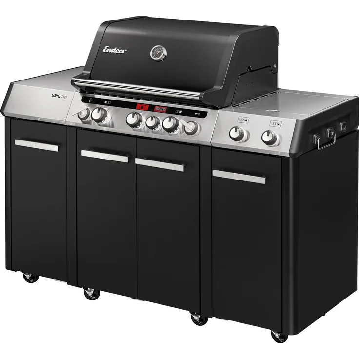 Enders Uniq PRO 3 IK Kitchen Cruster Gasgrill mit Dual-Seitenkocher, 800 °C Turbo Zone, Simple Clean, Gusseisen-Kochrost - Outdoor-Küche, schwarz