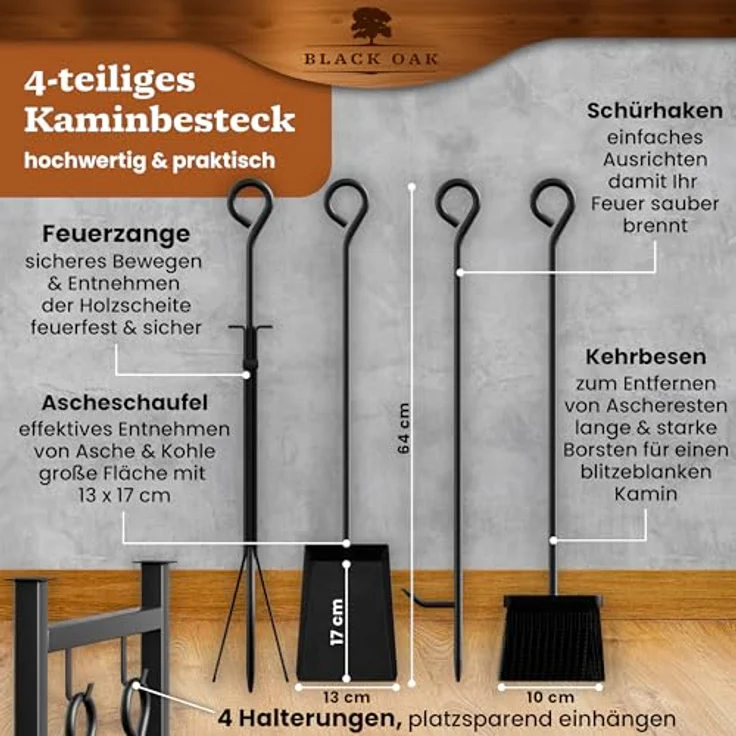 BLACK OAK Kaminholzständer ANTERO, schwarzes Stahlregal mit 2 Ebenen, 72x46x30cm, inkl. 4-teiligem Kaminbesteck Set, wetterfest für Innen- und Außenbereich – Bild 4
