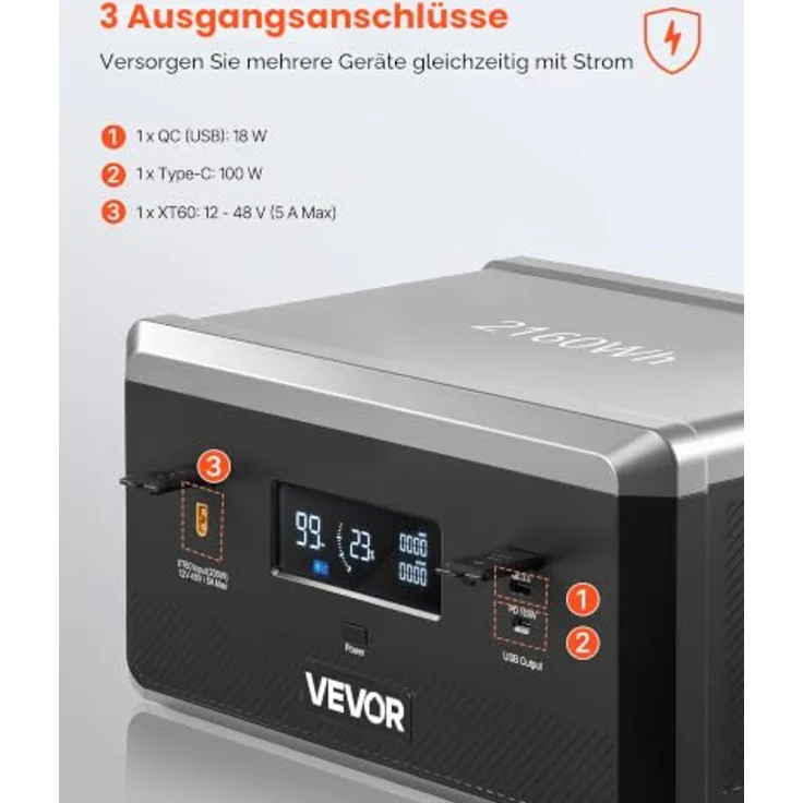 VEVOR Zusatzakku Q2400BP, 2160 Wh LiFePO4-Erweiterungsakku mit 3 Anschlüssen für tragbare Powerstation, Schwarz & Grau, ideal für Zuhause, Camping und Notfälle – Bild 5