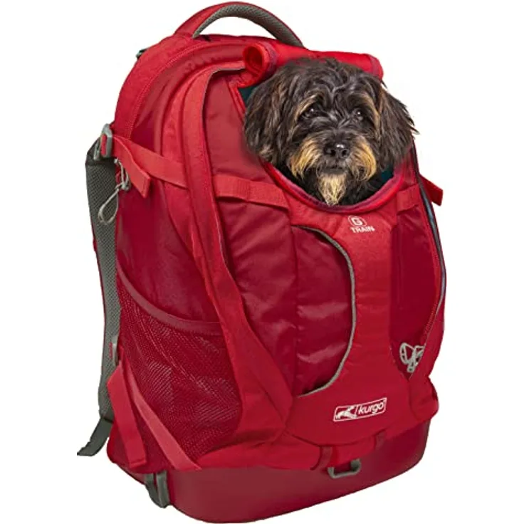 Kurgo G-Train Rucksack, Mit integriertem Hundefach, Wasserfester Boden, Mit Flaschenhaltern, Für Haustiere bis 11 kg, Rot, 33 x 53 x 25 cm