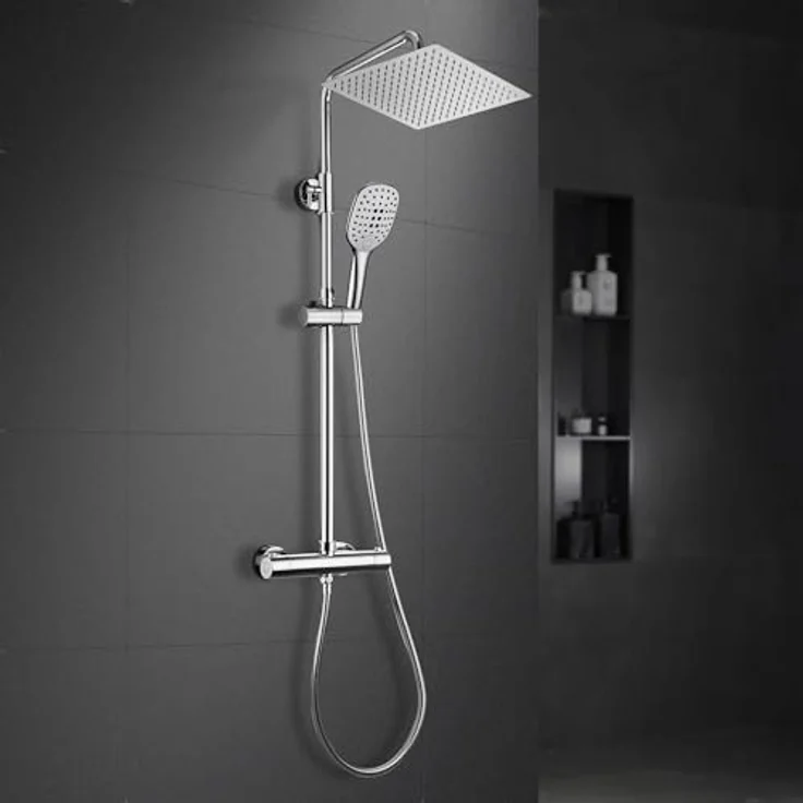 Görbach Regendusche Duschsystem mit Thermostat, Kopfbrause 25x25 cm, Edelstahl, 3 Strahlarten, Chrom – Bild 1