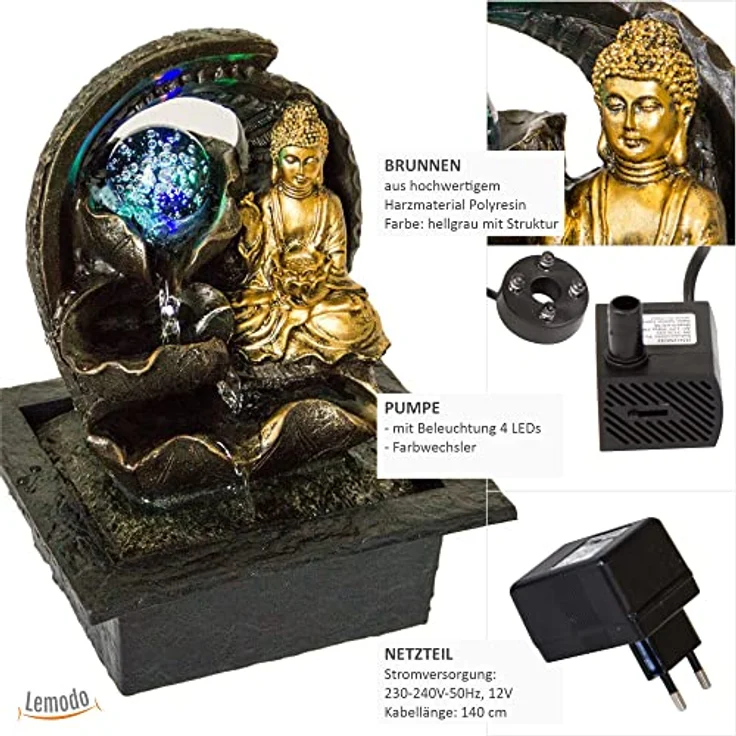Zimmerbrunnen BUDDHA mit LED-Beleuchtung Karana mit Kugel – Bild 3