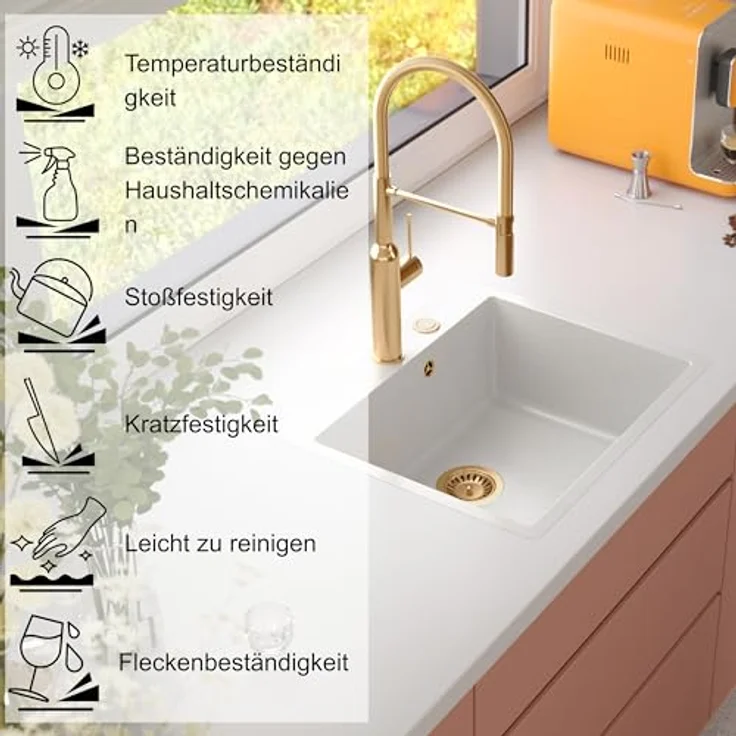 Quadron MORGAN 110 Einbauspüle, Granitspüle in Weiß & Golden, 57 x 50 x 22 cm, Einzelbecken, kratzfest und fleckenbeständig – Bild 3