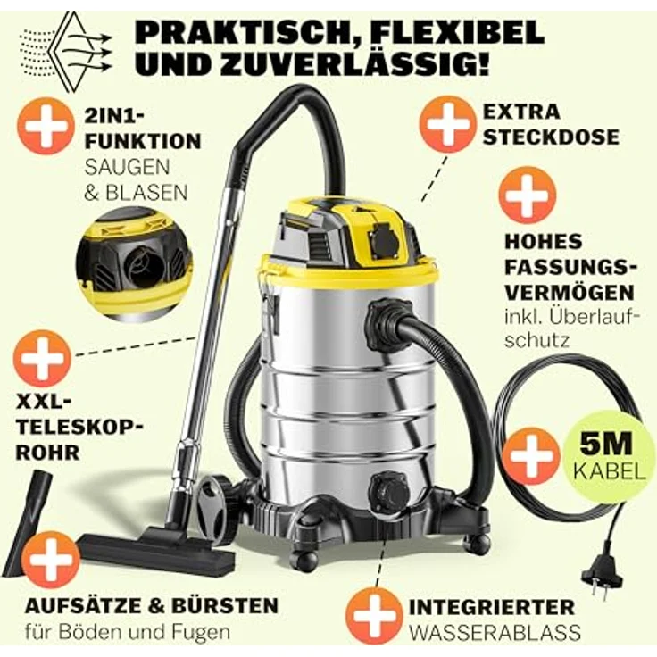Monzana® Nass Trockensauger 30L GS-Zertifiziert Steckdose 9m Bewegungsradius Industrie Staubsauger 1200W Edelstahl Nasssauger Waschsauger Blasfunktion: Tests, Infos & Preisvergleich