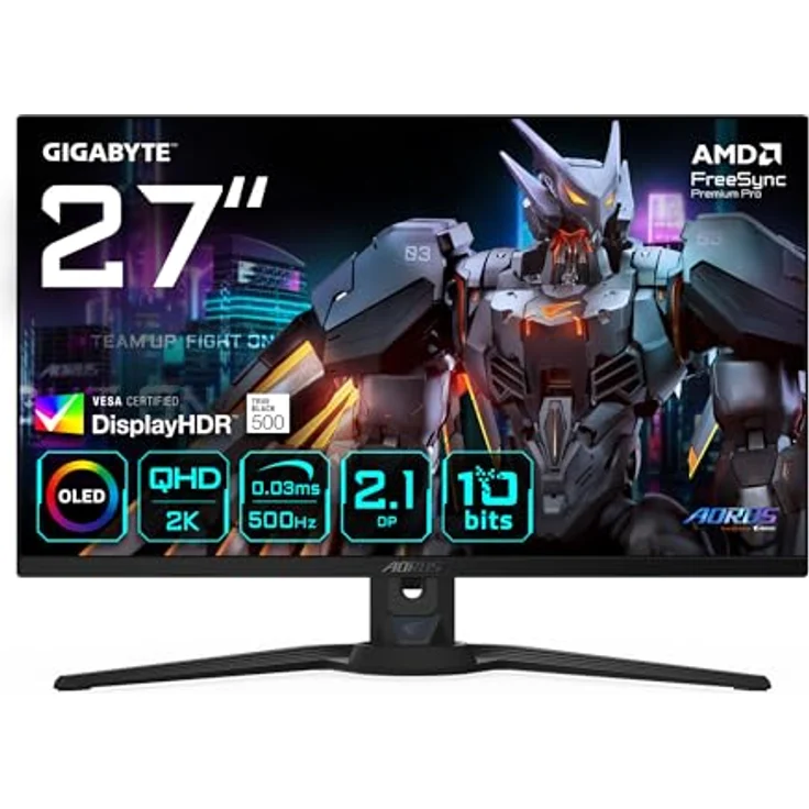 GIGABYTE AORUS FO27Q5P OLED QHD Gaming-Monitor, 27 Zoll, 2560 x 1440, 500Hz, 0,03ms Reaktionszeit, KVM, FreeSync Premium Pro, DisplayHDR True Black 500, DisplayPort 2.1 – Bild 1