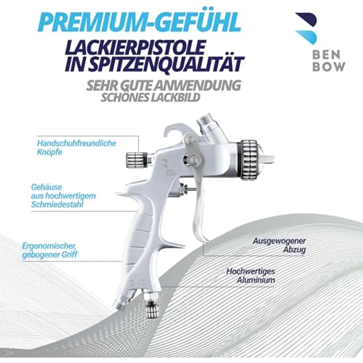 BENBOW Lackierpistole PK60, HVLP Set mit 1,4 mm + 1,8 mm Düsen, 600 ml Lackbehälter und Koffer, professionelle Spritztechnik – Bild 2
