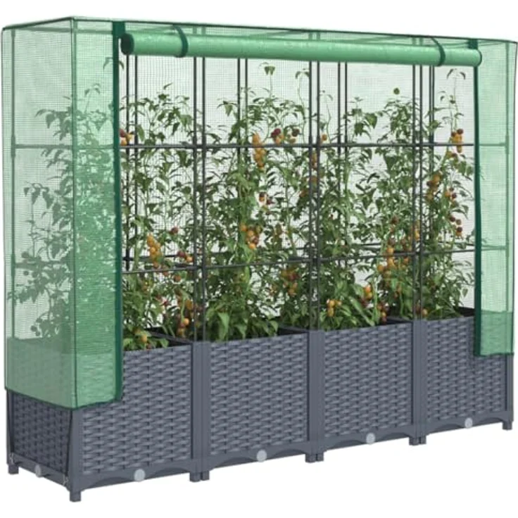 vidaXL Hochbeet mit Gewächshaus-Aufsatz, Pflanzbeet mit Eisenrohr-Rahmen, Rattan-Optik – Bild 2