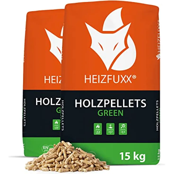 HEIZFUXX Holzpellets Green Heizpellets Weichholz Wood Pellet Öko Energie Heizung Kessel Papiersack Sackware 6mm 15kg x 2 Sack 30kg / 1 Karton Paligo