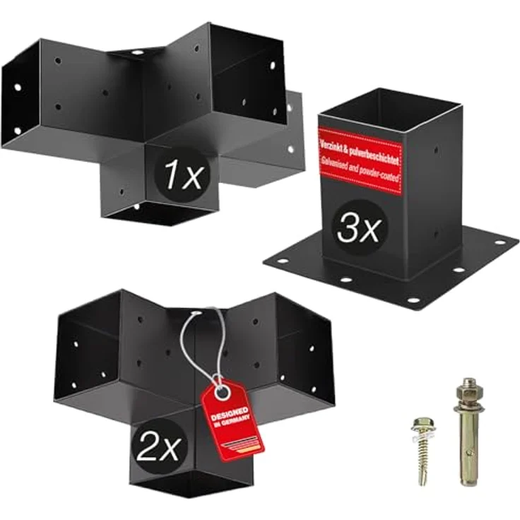 SO-TECH® Pfostenbeschlag Holzverbinder Bodenanker vierkant, Stahl schwarz mit starkem Korrosionsschutz, Anbau SET 6-tlg. 100 x 100 mm – Bild 1