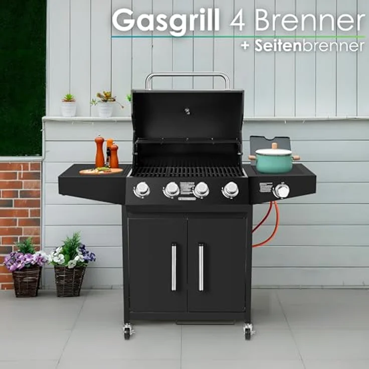 Steinborg Gasgrill "Chef de Cuisine" 4 Brenner mit Seitenbrenner, beleuchtete Drehknöpfe, emailliertes Grillrost, Gasbetrieb, Propangasgrill – Bild 2