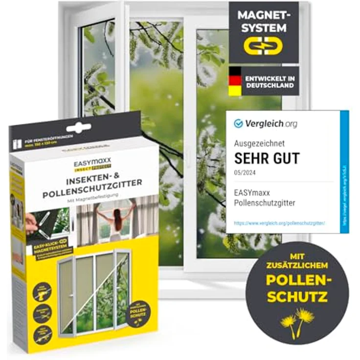 EASYmaxx Moskitonetz mit Pollenschutz mit Magnetbefestigung fürs Fenster - 150 x 130 cm - grau – Bild 3