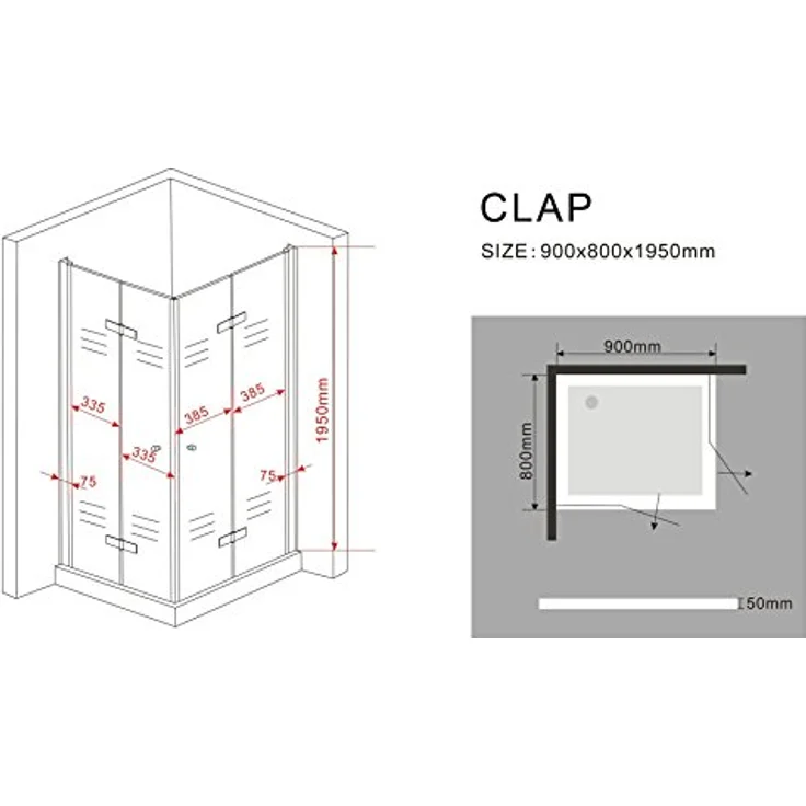 Glasdeals Duschkabine CLAP 80 x 90 x 195 cm, rahmenlos mit 8 mm ESG Pendeltür, ohne Duschtasse – Bild 7