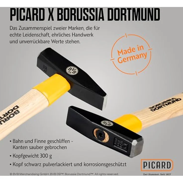 PICARD Schlosserhammer 300g SecuTec, BVB-Look mit Hickory-Stiel und korrosionsgeschütztem Kopf – Bild 3