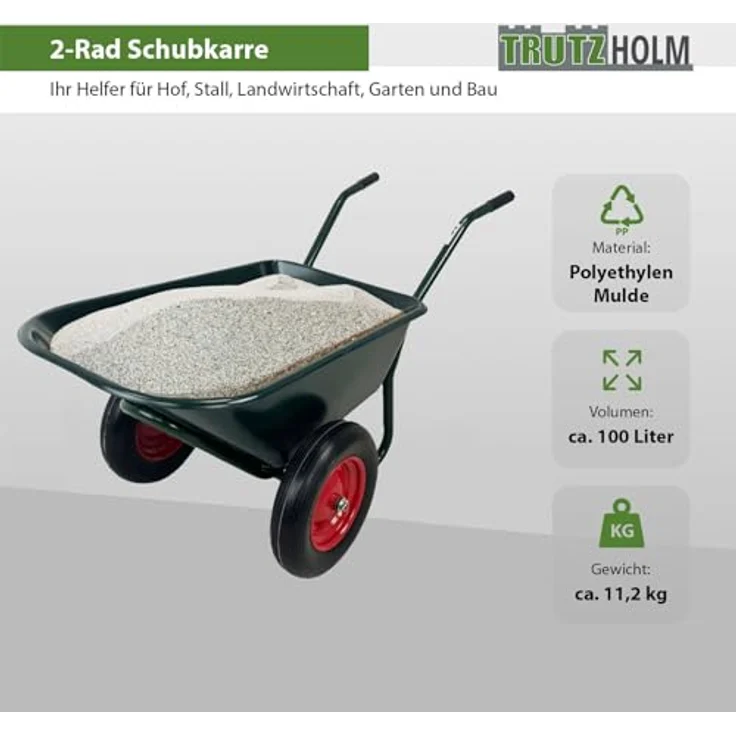 TRUTZHOLM Schubkarre 2 Rad Schubkarre Zweirad Karre Schiebkarre Gartenkarre 100l 160kg mit PU-Räder auf Stahlfelge – Bild 3