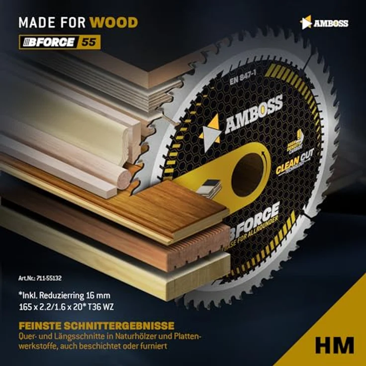 Amboss Werkzeuge HM Kreissägeblatt 165x20 16 Z36 Wechselzahn für Holz - Feinschnitt, Ø 165mm +Reduzierring 16 20mm, passend für Metabo KS1157S, MagnumTK1256, KS1155S - Amboss-Qualität für professionelle Holzbearbeitung – Bild 2