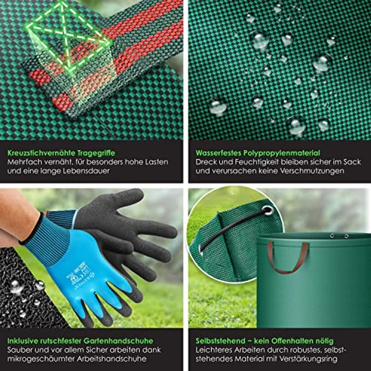 KESSER® Gartensack 3x 272L Set Laubsack Gartenabfallsack inkl. Handschuhe - Selbststehend 4 Griffe Stabil Robust & Faltbar - Rasenschnitt für Gartenabfälle Grünschnitt Grün – Bild 3