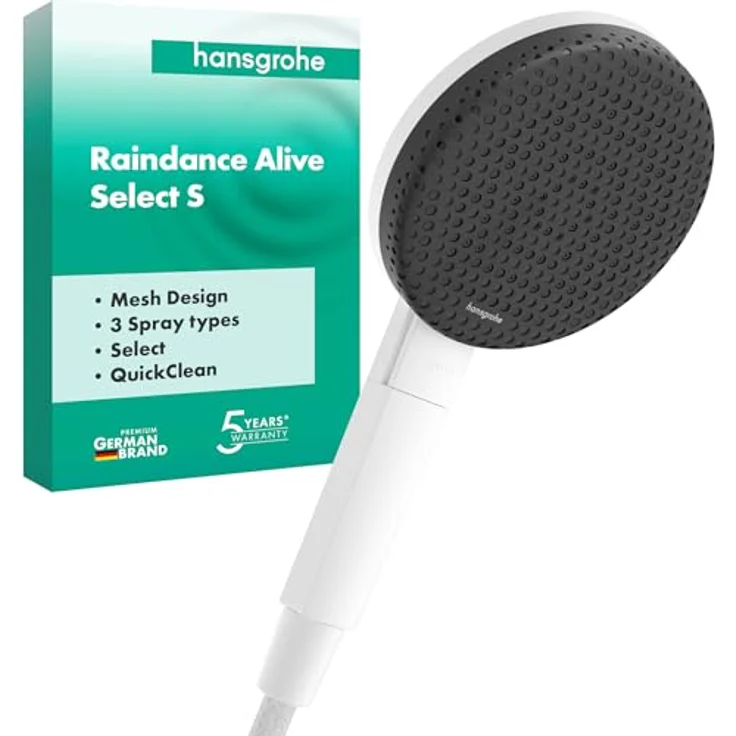 hansgrohe Raindance Alive Select S, Runde Handbrause mit 3 Strahlarten, 125 mm Durchmesser, Anti-Kalk, matte weiss, 10.30 l/min – Bild 1