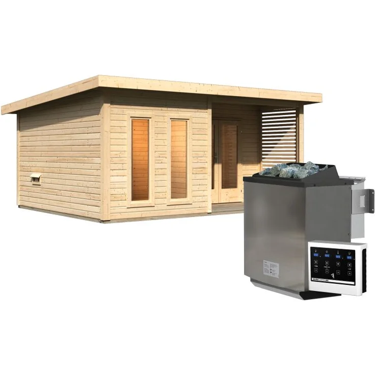 Karibu Saunahaus Mainburg 5 Set B naturbelassen mit Ofen 9 kW Bio externe Steuerung – Bild 3