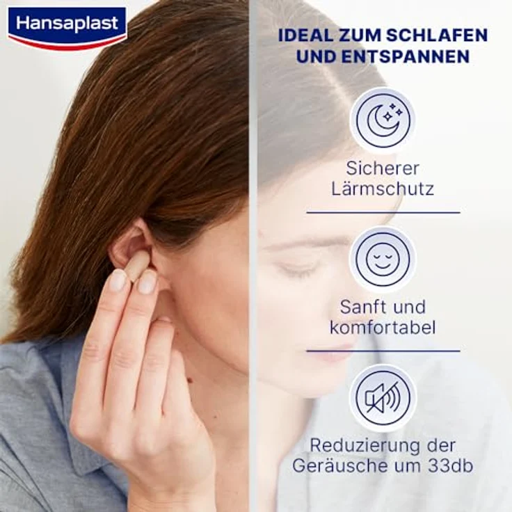 Hansaplast Lärmstopp Ohrstöpsel (6 Stück), Gehörschutz reduziert Geräusche um 33db, sanfter Tragekomfort, ideal zum Schlafen, weiß – Bild 2