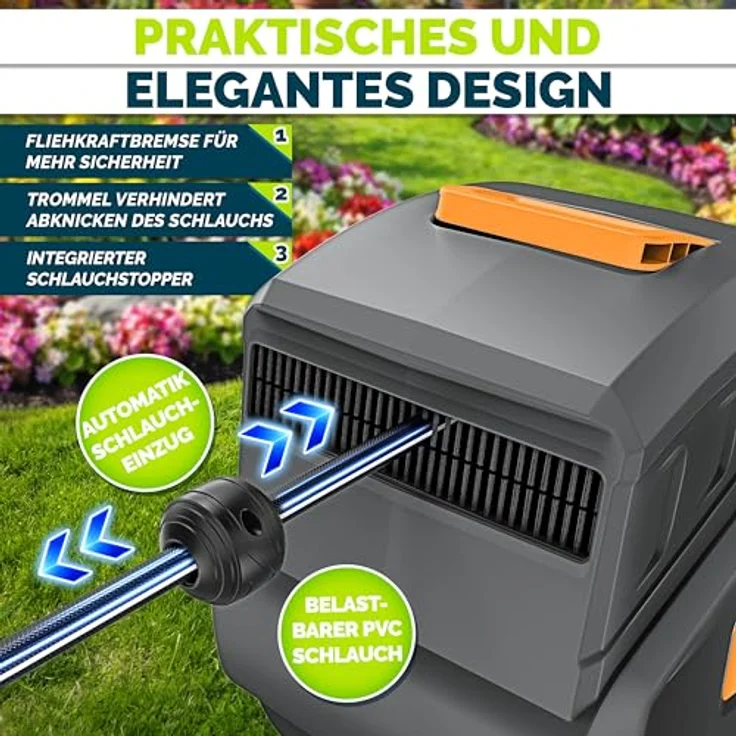 tillvex Schlauchtrommel Wasser mit Wandhalterung, 20m Gartenschlauch, Handbrause mit 9 Funktionen, 180° schwenkbar, anthrazit/orange, Aufroll-Automatik – Bild 5