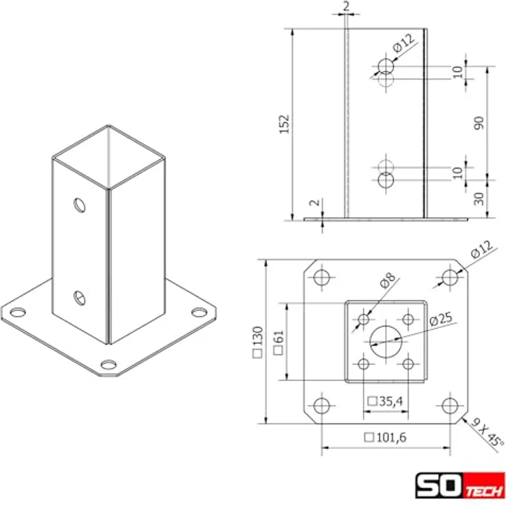 SO-TECH® Pfostenträger für Vierkantholz, feuerverzinkt, Höhe 152 mm, für Gartenpfosten 60 x 60 mm, inkl. Schrauben – Bild 7