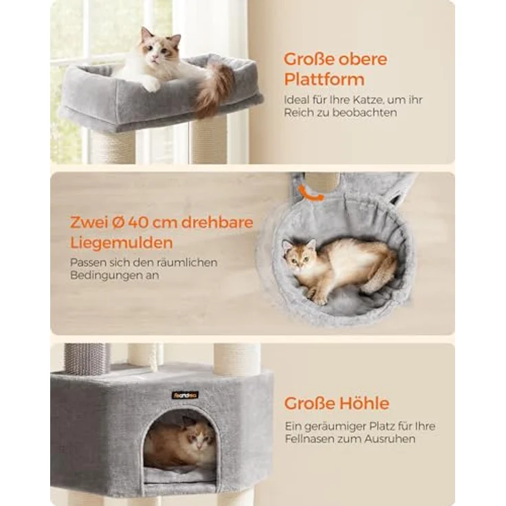 Feandrea Kratzbaum mit selbstwärmenden Decken, für große Katze, Katzenbaum mit 2 Katzenbürsten, 11,1 cm dicke Stämme, große Plattformen, Höhle, 50 x 50 x 160 cm, Taubengrau-cremeweiß PCT003N01 – Bild 4