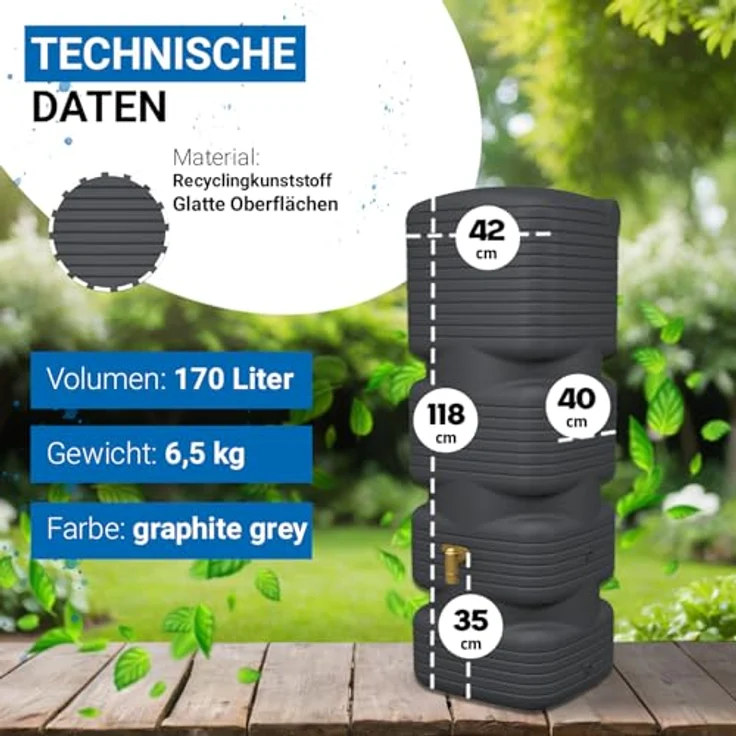 4rain Quadro Regentonne Wandtank Komplett-Set 170 Liter Graphite Grey, inkl. Kunststoff-Auslaufhahn und Fallrohranschluss, für schmale Standorte, schlichtes Design für Balkon und Garten – Bild 3