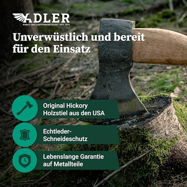 Adler Rheinlandaxt inkl. Lederschutz: Geschmiedete Axt mit C60-Stahlkopf & 70 cm Hickory-Stiel, große Allround-Forstaxt, Rot/schwarz, 1250 g – Bild 4