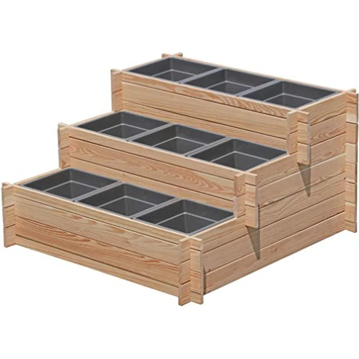 Gartenpirat Stufenbeet Holz Lärche Hochbeet dreistufig mit 9X Pflanzkasteneinsatz, wetterfest für Garten, Terrasse oder Balkon – Bild 1
