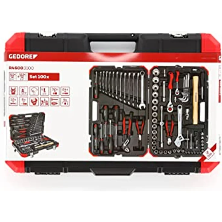 GEDORE red Steckschlüsselsatz R46003100, 100-teilig, Mit Umschaltknarre, Ratsche, Steckschlüssel und Bitsatz, Hammer, Ringmaulschlüssel und Zangen – Bild 6