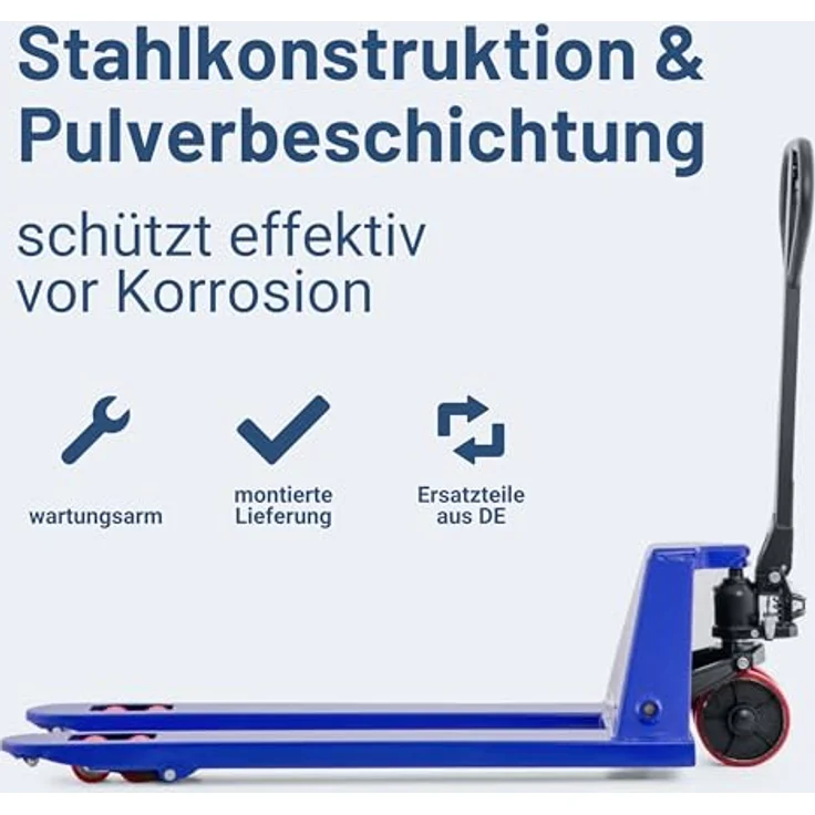 Pallit FIVE Hubwagen, 2500 kg Palettenwagen mit 1150 mm Gabellänge, robuster Stahlrahmen, PU Polyurethan Rollen, handhydraulisch – Bild 4
