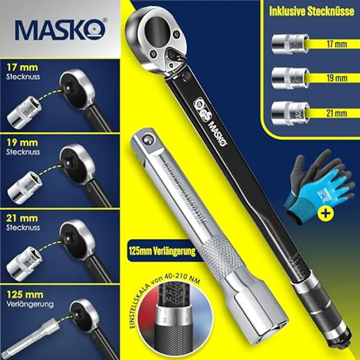 MASKO Drehmomentschlüssel 6tlg. Set 40-210Nm 1-2 ' CV inkl. 3 Stecknüssen 17mm, 19mm, 21mm und Verlängerung 125mm inkl. Koffer +- 4% Toleranz Reifenschlüssel Auto Drehmoment-Schlüssel Schwarz – Bild 2