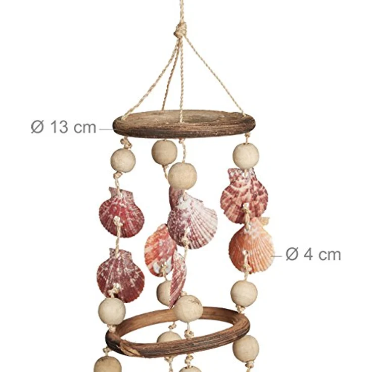 Relaxdays Windspiel mit Muscheln, maritimes Holz Klangspiel für Balkon, Garten, Strand-Deko, Capiz Mobile, 75 cm, Natur – Bild 4