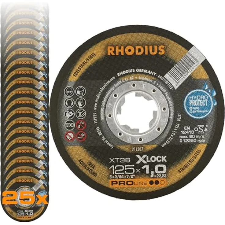 RHODIUS XT38 X-LOCK Trennscheibe Metall, 25 Stück Ø 125 mm x 1,0 mm, für Winkelschleifer, INOX, Edelstahl, Stahl, Made in Germany – Bild 1