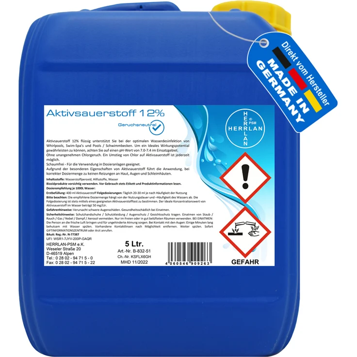 HERRLAN Aktivsauerstoff 12% im 5L Kanister, geruchsneutral, free von Farbstoffen, mit Clear-Water Effekt