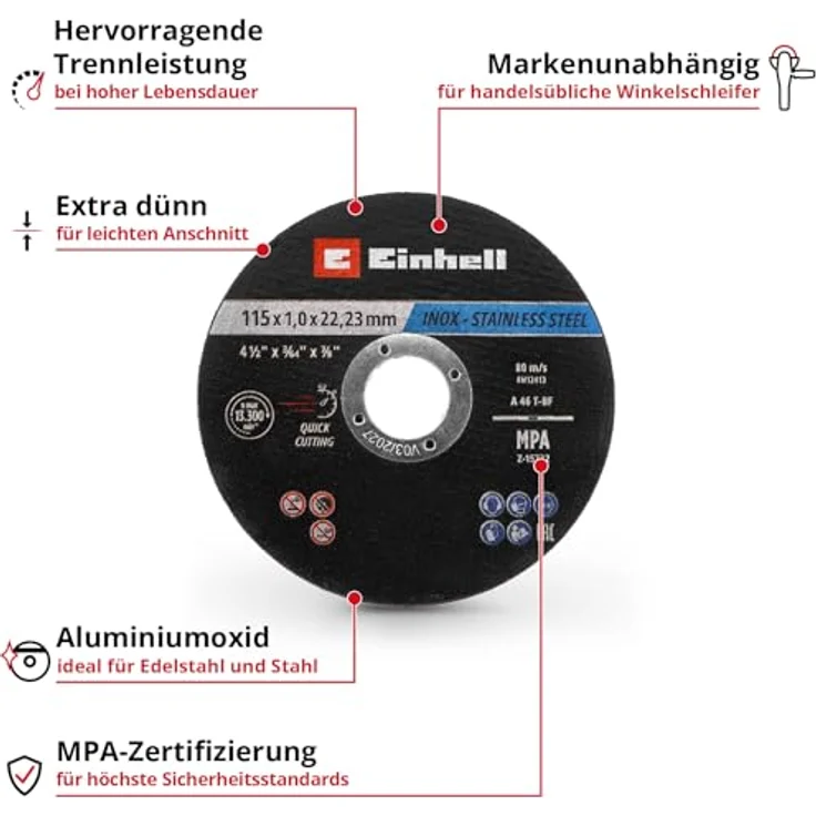Einhell Trennscheiben Metall, 100-tlg., Ø 115 mm, MPA-zertifiziert, für Edelstahl und Stahl, leichter Schnitt, in Dose – Bild 2