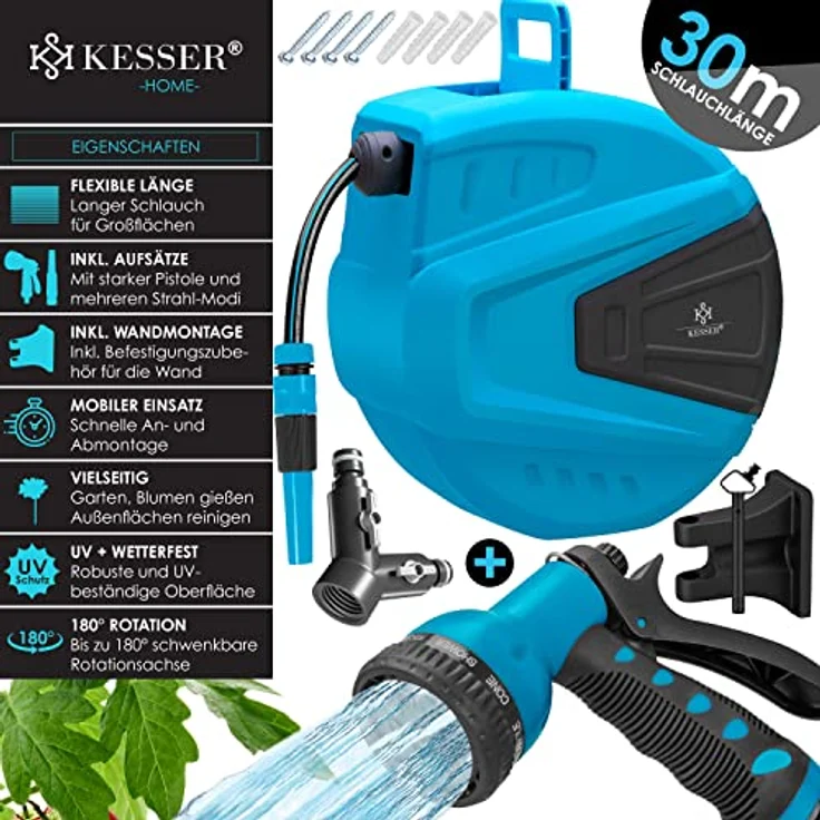 KESSER Schlauchtrommel Schlauchaufroller Wasser Multi-Handbrause 180° Schwenkbar Aufwickelstopper Wandhalterung Wand-Schlauchbox Wasserschlauchtrommel Gartenschlauch Blau, 30 Meter – Bild 2